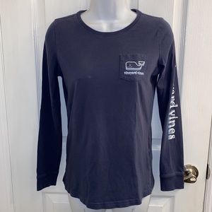 VINEYARD VINES Women’s Stacked Whale Pale Blue Long-Sleeve Pocket Tee Sz XXS